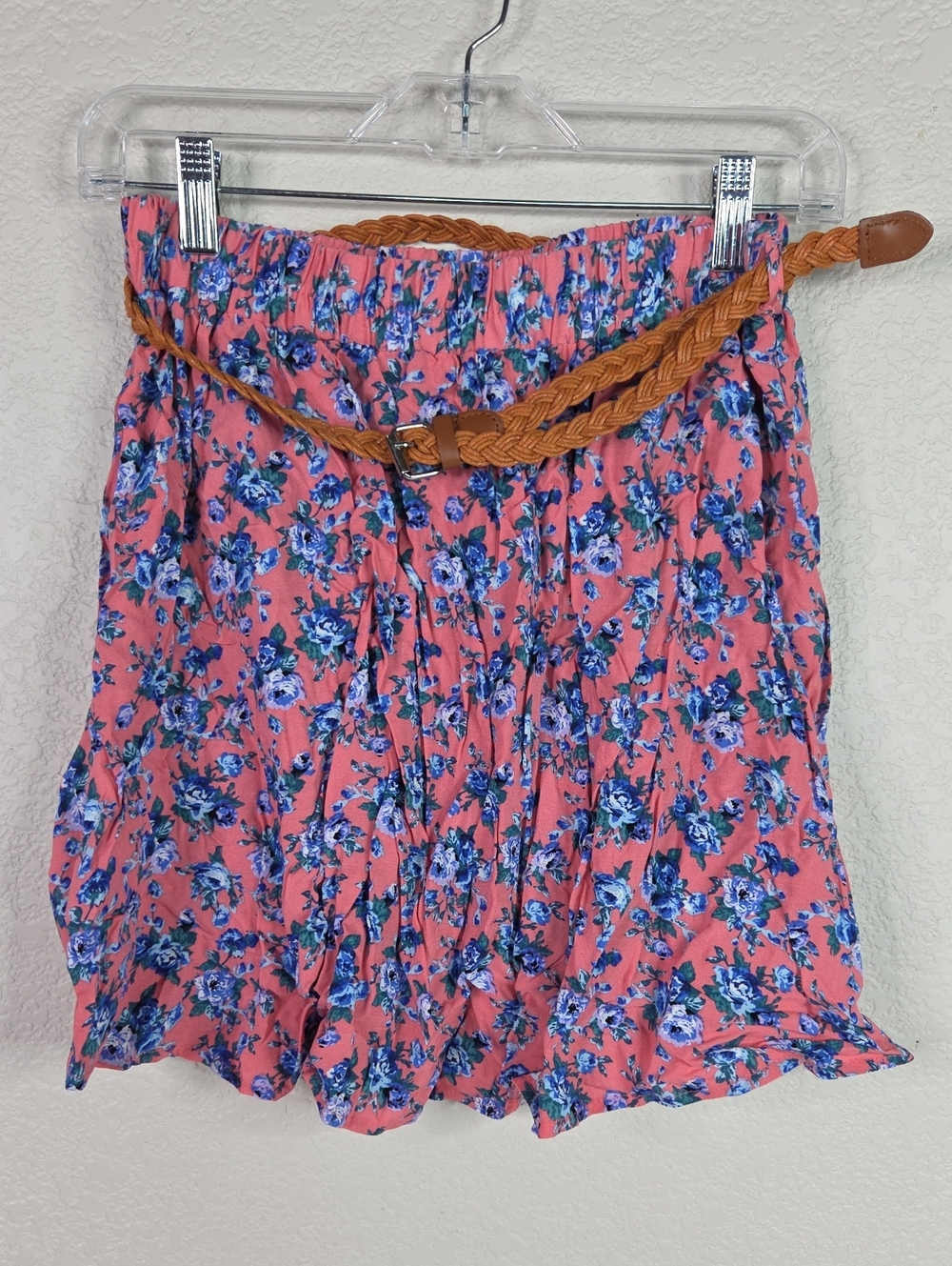 Floral Pink Elastic Waist Skirt with Braided Belt